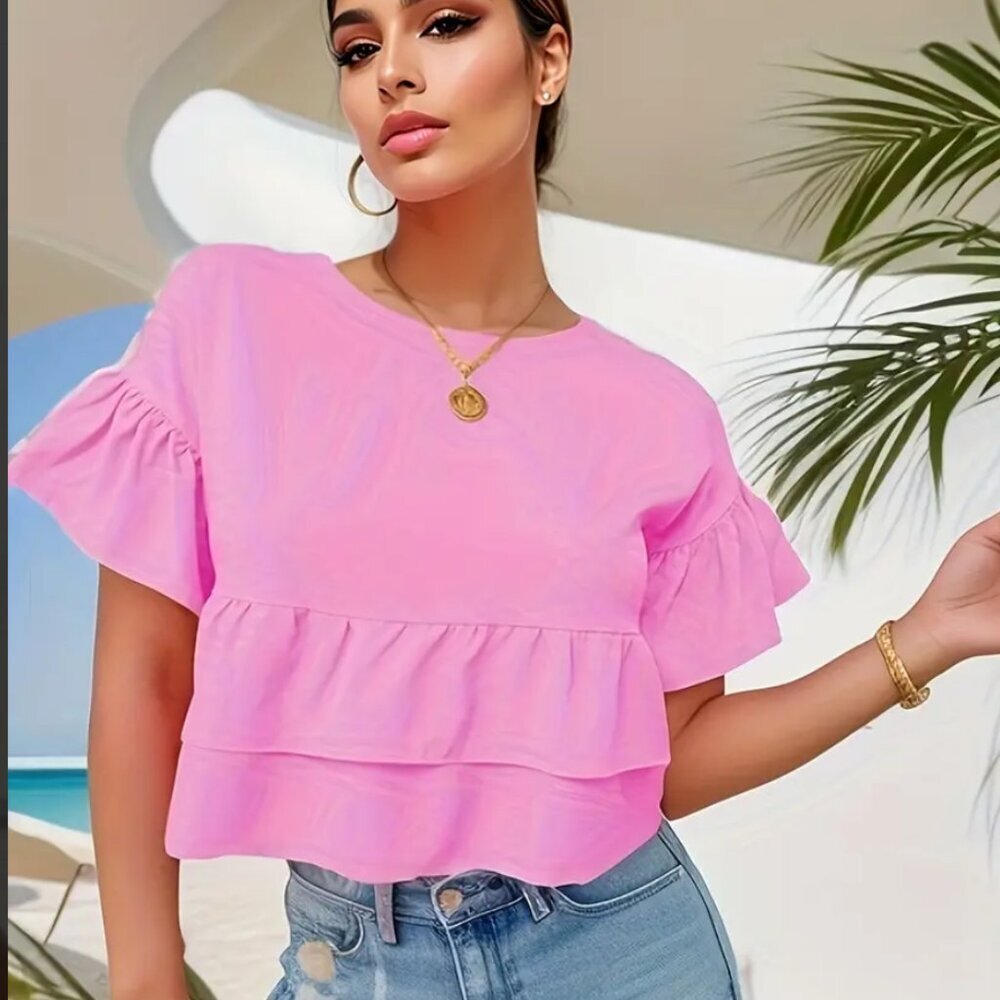 Women's Pink Crew Neck Sweet Flare Sleeve Blouse Size Medium  NWT - Picture 6 of 7